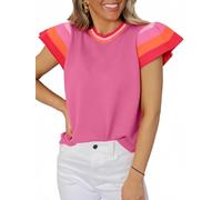 Oheyeseker Damen Kappe Kurzarm T-Shirts,Sommer Stricken Leichtes Pullover,Colors Block Crewneck Sweater Pink-L