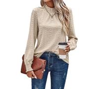 Oheyeseker Frauen hohen Hals Smock T-Shirts plissiert strukturierte Bluse Langarm lässig Tops Dressy Mode Kleidung(XXL,Aprikose)