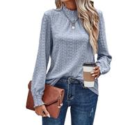 Oheyeseker Frauen hohen Hals Smock T-Shirts plissiert strukturierte Bluse Langarm lässig Tops Dressy Mode Kleidung(S,Zartes Blau)