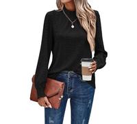 Oheyeseker Frauen hohen Hals Smock T-Shirts plissiert strukturierte Bluse Langarm lässig Tops Dressy Mode Kleidung(XL, Schwarz)