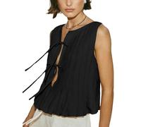 Oheyeseker Tanktop Damen Sommer Ärmelloses Boho Plissee Fliege Krawatte Knoten Leinen Y2k Spitze Lässig Top(Schwarz,S)