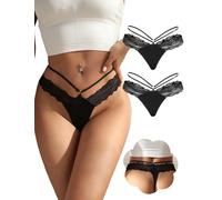 ohmydear 2er Pack Damen Spitze String Tanga Sexy Unterwäsche Brasilien Damen Slip Niedrige Taille Unterhosen T Back Thongs Große Größen Höschen Panties für Frauen Schwarz XL
