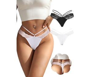 ohmydear 2er Pack Damen Spitze String Tanga Sexy Unterwäsche Brasilien Damen Slip Niedrige Taille Unterhosen T Back Thongs Große Größen Höschen Panties für Frauen Schwarz & Weiß L