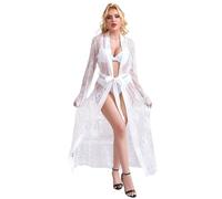 ohmydear Kimono Damen Sexy Spitze Morgenmantel Lang Satin Robe Große Größen Negligee Durchsichtig Langarm Bademantel Tüll Nachwäsche Damen Strand Kimono Spitze Cover up Weiche Dessous Weiß S