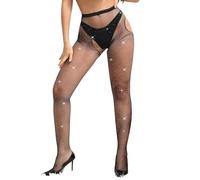 ohmydear Netzstrumpfhose Schwarz Glitzer Strumpfhosen Damen Heiß Offen Schritt Fishnet Stockings mit Strass Übergröße Netzstrümpfe Hohe Taille Fischernetz Stocking Nylon für Damen