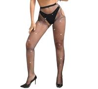 ohmydear Netzstrumpfhose Schwarz Glitzer Strumpfhosen Damen Heiß Offen Schritt Fishnet Stockings mit Strass Übergröße Netzstrümpfe Hohe Taille Fischernetz Stocking Nylon für Damen