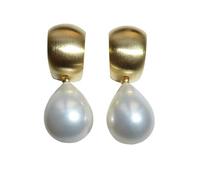 Ohr-Clips Creole Perlen-Clips Sterling-Silber gold-plattiert 585-er Anhänger Muschelkern-Perle tropfenförmig weiß 12 mm Luxus Goldschmiede-Arbeit Geschenk