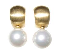 Ohr-Clips Creole Perlen-Clips Sterling-Silber gold-plattiert 585-er mit Anhänger aus Muschelkern-Perle weiß 12 mm Luxus Goldschmiede-Arbeit Geschenk