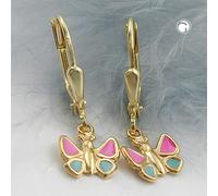 Ohrbrisur Ohrhänger Ohrringe 22x7mm Schmetterling hellblau-pink 9Kt GOLD