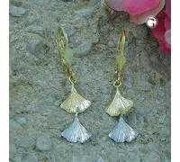 Ohrbrisur Ohrhänger Ohrringe 34x9mm Ginkgo-Blatt bicolor 9Kt GOLD