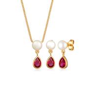 Ohrring und Ketten Set ELLI PREMIUM "Schmuckset Süßwasserperlen Synthetischer Rubin 925 Silber" Gr. 45, gold, Schmuck_Sets, Damen, 45 (56743547-45) gold