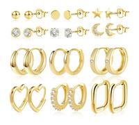 Ohrringe Gold Set, 12 Paar ASH'S CHOICE Multipack Creolen Gold Ohrstecker Kleine Set, Silber 925 Creolen Eckig Oval Herz Kleine Perlen Kugel Stern Mond Ohrstecker Ohrringe für Mehrere Ohrlöcher