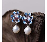 Ohrringe Silber 925,Vintage Gebrannte Blaue Emaille Lotusimitationsperle Ethnische Hypoallergen S925 Sterling Silber Ohrstecker Ohrringe Exquisiter Schmuck Für Frauen Herren Mädchen Heiraten Beste