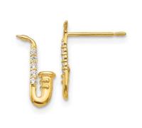 Ohrstecker, 14 Karat Gelbgold, poliert, Zirkonia, Saxophon, 12 x 4 mm breit
