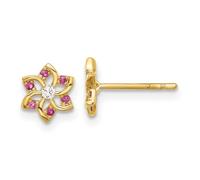 Ohrstecker aus 14 Karat massivem Gold, poliert, rote und weiße Zirkonia, Blumenstecker, 6,5 x 6,5 mm breit, Ohrstecker für Damen