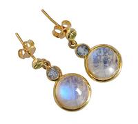 Ohrstecker aus Sterlingsilber, Regenbogen-Mondstein, Blautopas, Peridot, mehrfarbig, rund, Cabochon, Lünette, handgefertigt, 10 mm, 3 mm, 2 mm, Edelstein, minimalistisches Schmuckgeschenk