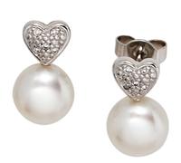 Ohrstecker Herz 585 Gold Weißgold 2 Süßwasser Perlen 10 Diamanten Ohrringe
