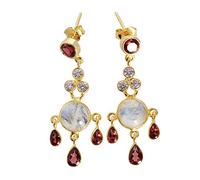 Ohrstecker mit Regenbogen-Mondstein und Granat für Damen, Lünetten-Set, rund und birnenförmig, Cabochon, mehrfarbig und rot, Edelstein-Ohrringe, 8 mm, 4 mm, 6 x 4 mm, 4 x 3 mm, 2,5 mm, Schmuckgeschenk