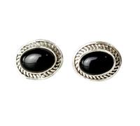 Ohrstecker mit seltenem, natürlichem schwarzem Onyx (10 x 8 mm) |, versilbert | Ovaler, glatter Solitär-Ohrstecker im minimalistischen Stil für Damen und Herren | LK_VSTD_0905