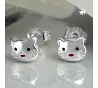 Ohrstecker Ohrring 5x6mm Kinderohrring Katzenkopf rot-schwarz lackiert glänzend Silber 925