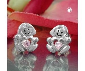 Ohrstecker Ohrring 9,5x8mm Kinderohrring Mädchen mit Herz Zirkonia pink glänzend Silber 925