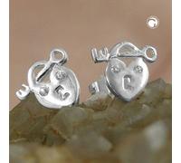 Ohrstecker Ohrring 9x8mm Herz Schloss und Schlüssel mit Zirkonia glänzend Silber