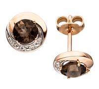 Ohrstecker rund 585 Gold Rotgold 4 Diamanten Brillanten 2 Rauchquarze braun