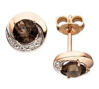 Ohrstecker rund 585 Gold Rotgold 4 Diamanten Brillanten 2 Rauchquarze braun