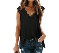 OHXSM Damen Spitzenbesatz Tanktop beiläufige lose Kurzarm Blusen Hemd Spitzenbesatz Tanktops Frauen V Ausschnitt ärmellose Blusen lose einfarbige Weste Spitzen beiläufige lose ärmellose Blusen Hemden
