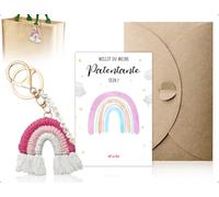 OHYANYAO Patentante Schlüsselanhänger,Willst du meine Patentante sein,Regenbogen Quasten Schlüsselanhänger,Weben Regenbogen Quasten Keychain,Grußkarte mit Umschlag(Weiß,Rosa,Lila)