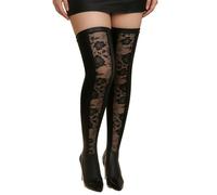 ohyeahlady Halterlose Strümpfe für Damen PU Leder Overknees Strümpfe Thigh Highs für Strapse Spitze Stockings Stretch Strapsstrümpfe Große Größen Mesh Oberschenkel Curvy Dessous Cosplay Schwarz L-XXL