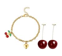 OIDEA Damen Armband Ohrringe Set: Kirsche Ohrhänger aus Harz mit Goldener Armkette Herrzanhänger aus Edelstahl Süß Schmuck Geschenk für Mädchen Freundin Tochter