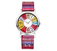 OIDEA Damen Armbanduhr Boho Hippie: Vintage Bunt Rosa Stoff Armband aus Leder Analog Quarz mit Großer Arabischer Zifferblatt Silber Zeiger Geschenk für Frauen Freundin Mädchen