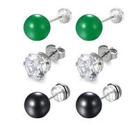 OIDEA Damen Ohrringe Ohrstecker mit Zirkonia: 3 Paare schwarze Perlenohhringe Stecker grün Jade Stein weiß Zirkonia Ohrringe Set 8mm breit Rund Ohrschmuck Geschenk für Frauen Mädchen