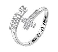 OIDEA Damen Ring mit Jesus Kreuz: Religiöser christlicher Schmuck aus Messing Glaubensgravur „I can do All Things“ Kreuzring mit Zirkon eingelegt verstellbare Öffnung Silber Geschenk für Frauen