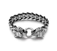 OIDEA Herren Armband Leder Edelstahl Armband Schwarz Silber, Dopplte Wolf Köpfe Geflochten Lederarmband Armreifen