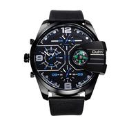 OIDEA Herren Armbanduhr Leder Sportuhr: Schwarz Lederband Quarz Analog Herrenuhr mit 3 Zeitzonen Blau Zeiger Zifferblatt Kompass Dekor Geschenk für Männer Vater Familie Freund