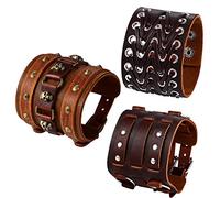 OIDEA Herren Breit Leder Armband: 3 Stück Braun Lederarmband Set Punk Gotik Manschette Geflochten Armreif Biker Totenkopf Schädel Skull verstellbar 17-21.5 cm Geschenk für Männer Vater Sohn Freund