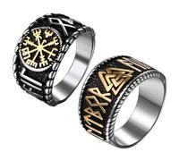 OIDEA Herren Wikinger Ring Set: 2 Stück Vintage Edelstahl mit Valknut Vegvisir Symbol Retro Mittelalter Herrenring Rock Schmuck Geschenk für Männer Größe 70 (22.3)