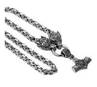 OIDEA Herren Wikinger Wolfskopf Halskette: Vintage Silber Wolf mit Thor's Hammer Anhänger Amulett Kette aus Edelstahl mit 61cm Königskette nordisches Geschenk für Viking Fan