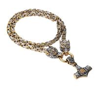 OIDEA Herren Wikinger Wolfskopf Halskette: Vintage Silbergold Wolf mit Thor's Hammer Anhänger Amulett Kette aus Edelstahl mit 61cm Königskette nordisches Geschenk für Viking Fan