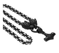 OIDEA Herren Wikinger Wolfskopf Halskette: Vintage Silberschwarz Wolf mit Thor's Hammer Anhänger Amulett Kette aus Edelstahl mit 61cm Königskette nordisches Geschenk für Viking Fan