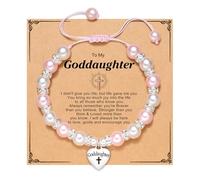 OIDEA Mädchen Geflochtenes Armband mit Perlen: Verstellbare Taufgeschenk Perlenarmband mit Goddaughter Kreuz druckt Herz Anhänger religiöses Taufe Geburtstag Geschenk für Mädchen Rosa Typ 1