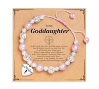 OIDEA Mädchen Geflochtenes Armband mit Perlen: Verstellbare Taufgeschenk Perlenarmband mit Goddaughter Kreuz druckt Herz Anhänger religiöses Taufe Geburtstag Geschenk für Mädchen Rosa Typ 2