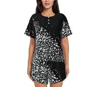 OKFSTY Damen-Pyjama-Set, kurzärmelig, mit Knopfleiste, Shorts mit Kordelzug, für Schlaf, Freizeit, Schwarz / Weiß, Schwarz , S