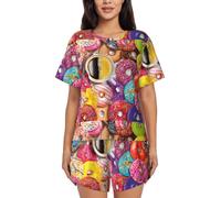 OKFSTY Kaffee- und Donut-bedrucktes Damen-Pyjama-Set, kurzärmelig, Sommer-Nachtwäsche mit Knopfleiste vorne, Shorts mit Kordelzug für Schlaf, Freizeit, Schwarz , 3XL