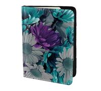 OKFSTY Reisepasshülle aus Rindsleder, bedruckt mit lila und blaugrünen Blumen, 14 cm, Schwarz , Einheitsgröße