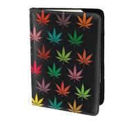 OKFSTY Reisepasshülle aus Rindsleder mit buntem Cannabisblättern, bedruckt, 14 cm, Schwarz , Einheitsgröße