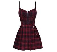 OKGD Gothic Mädchen Rot Plaid Plissee Emo Alt Kleid Y2K Reißverschluss Robe Femme Punk Schwarz Spaghettiträger Mini Kurz Jurken Goth Streetwear-Red Plaid, S