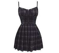 OKGD Gothic Mädchen Rot Plaid Plissee Emo Alt Kleid Y2K Reißverschluss Robe Femme Punk Schwarz Spaghettiträger Mini Kurz Jurken Goth Streetwear-schwarz kariert, S